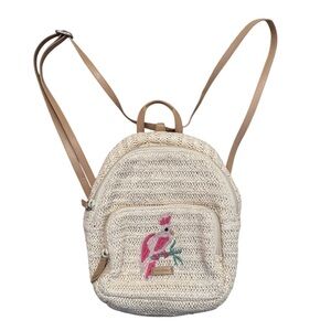 Vera Bradley Embroidered Pink Bird Mini Convertible Backpack Woven Straw Beach